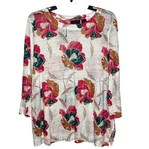 Tahari LINEN Floral Print 3/4 Sleeve Knit Top Cream Pink MEDIUM Tropical